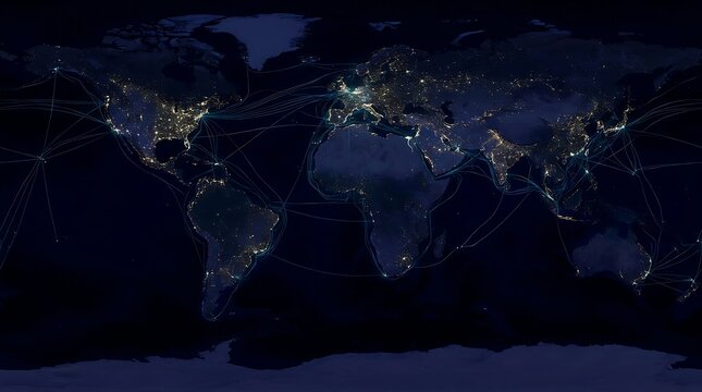 Earth at night map showing city lights. Global satellite view of world population density.