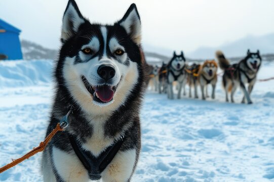 close-up harnessed sled dog in snow with a team of huskies, blue tent and distant mountains, lively eager expedition atmosphere