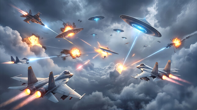 Military fighter jets engaging in aerial battle against unidentified flying objects. Sci-fi concept of extraterrestrial invasion and global defense.