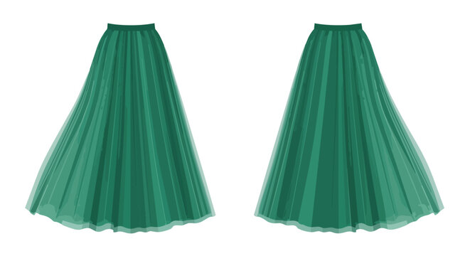 Elegant Emerald Green Long Pleated Tulle Maxi Skirts Set Isolated on White for Female Fashion Design
