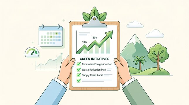 Hands holding a clipboard with green initiatives checklist growth graph and nature icons conceptualizing corporate environmental sustainability