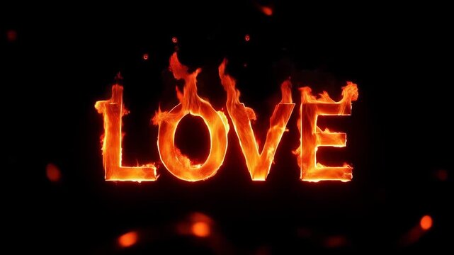 Bright glowing retro fire flame letters spelling the word love burning fiercely against a completely black background with sparks. Concept of burning passion and dynamic romance