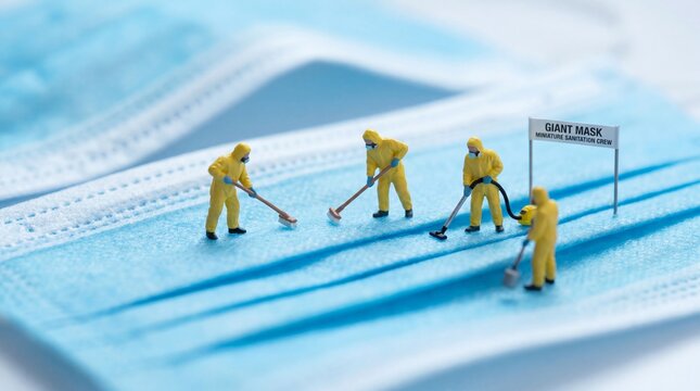 Miniature figures cleaning a giant face mask, concept of hygiene and virus protection