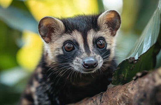 Curious small wild mammal peeking over a tree branch with rounded ears, whiskers and mottled fur among green leaves, alert and cautious expression