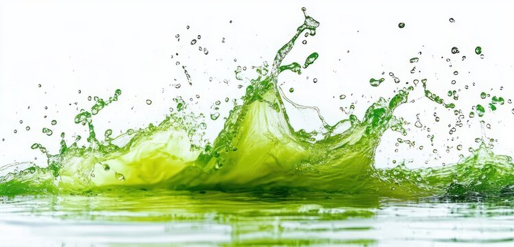 energetic lime green liquid splash with droplets rippling and splattering on a white background