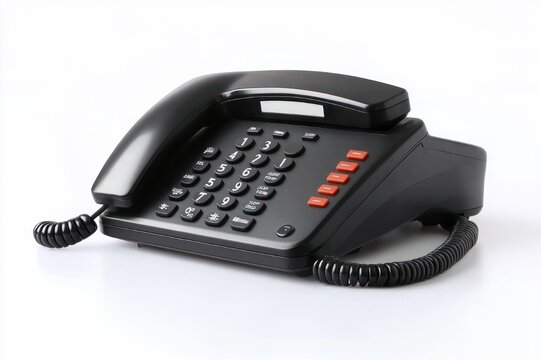 black corded desk telephone with handset, numeric keypad, red function buttons and coiled cord on white background conveying professional reliability