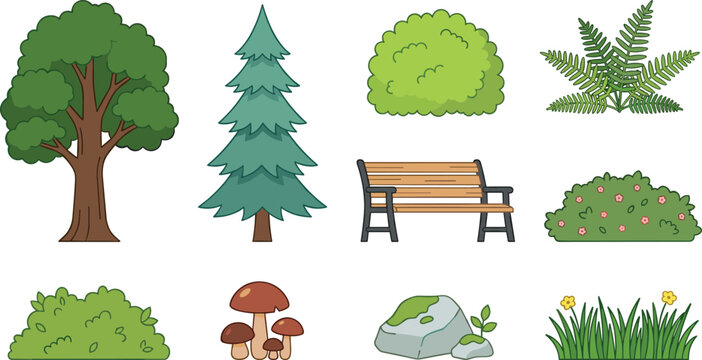 Nature Park Landscape Elements Vector Set with Deciduous Tree, Pine, Wooden Bench, Bushes, Fern, Grass, and Mushroom Icons