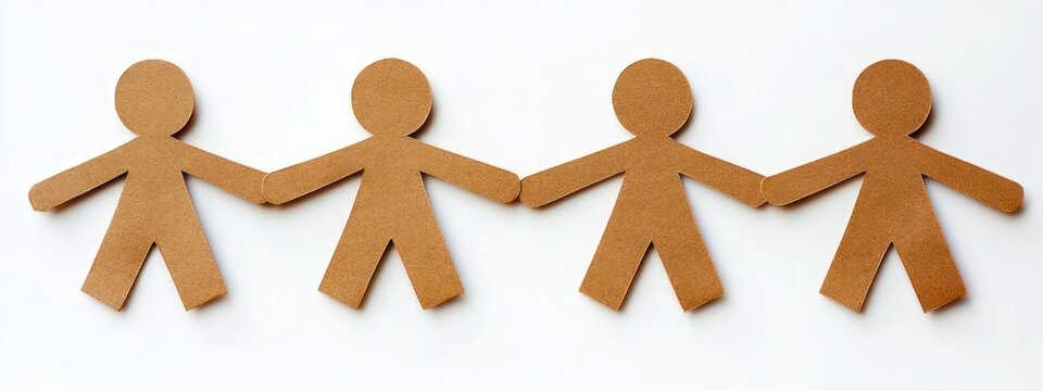 four kraft paper human cutouts holding hands on white background conveying unity and teamwork