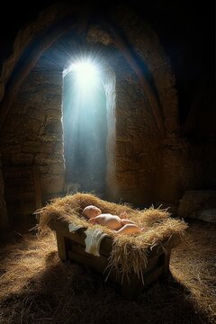 newborn baby sleeping peacefully in a straw-filled wooden manger inside a dim stone stable, bathed in a single shaft of sunlight with soft dust motes, serene and tender