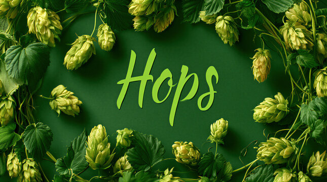 Green hops border on a dark green background with the text Hops in the center. Organic ingredient for brewing beer. Natural plant decoration for craft brewery or pub menu design.