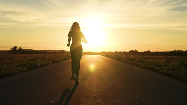 silhouette sports girl running legs along road sunset, portrait happy woman, confident motivated beautiful sportswoman, running fast movements, legs athletes sports shoes, runner athlete's leg