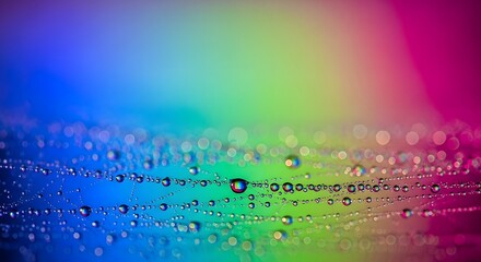 Obraz premium Close-up of water droplets on spider web with colorful rainbow background.