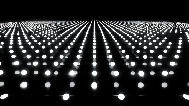 Abstract white dots grid forming a digital prospective floor surface pattern blinking against a dark background. Concept of high technology and data processing