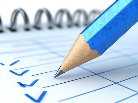 close-up of a blue pencil marking blue checkmarks in checkboxes on a lined spiral notebook, conveying focus and accomplishment
