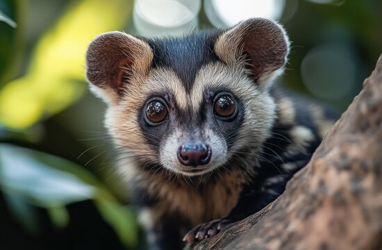 Close-up portrait of a small masked wild mammal with large round eyes perched on a tree branch, curious and alert expression, blurred green foliage background