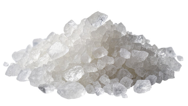 Isolated heap of natural translucent clear crystal rock salt, raw mineral stones texture