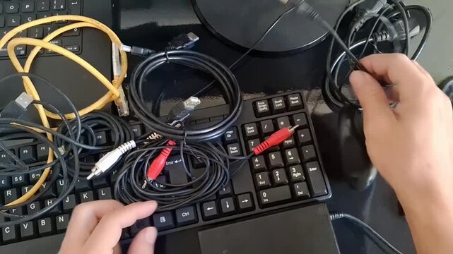 A person working with video cables and computer equipment in a modern workspace video