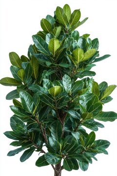 lively indoor broadleaf tree with glossy green leaves, woody stems and dense foliage on a clean white background conveying fresh vibrant energy
