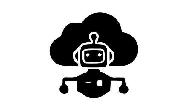 Artificial intelligence robot icon with cloud computing symbol, black and white AI bot vector illustration, automated technology concept