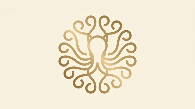 Golden circular octopus kraken line art logo