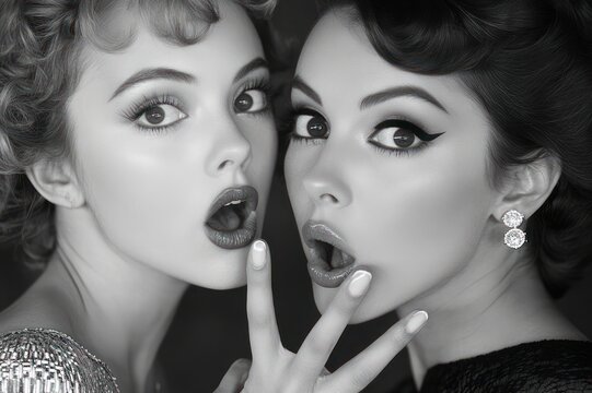 black and white close portrait of two elegant women sharing a secret, one with a finger to her lips, vintage earrings and textured clothing, intimate mysterious mood