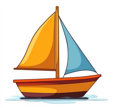 cheerful cartoon sailboat with yellow mainsail and blue jib, orange hull and single mast floating on calm water