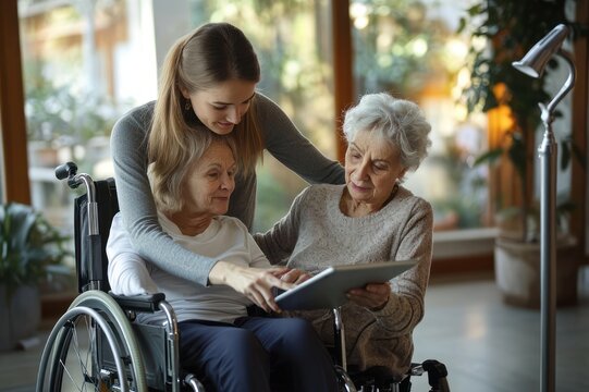 young caregiver helping two elderly women in wheelchairs use a tablet, warm supportive and engaged moment in a sunlit home