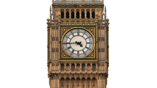 Isolated Big Ben clock face, Elizabeth Tower close-up, iconic London landmark architecture detail