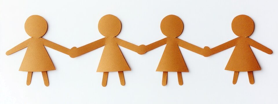 four gold paper doll cutouts in dresses holding hands on white background expressing unity and friendship