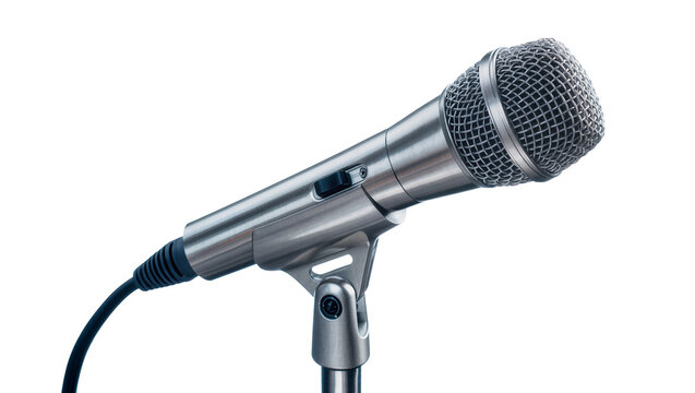 Isolated modern metallic studio microphone with stand for professional audio recording