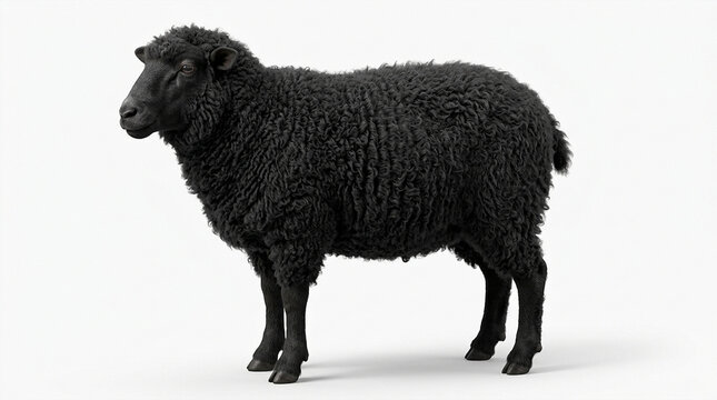 Black Sheep Standing Isolated on White Background - Distinctive and Unique Animal