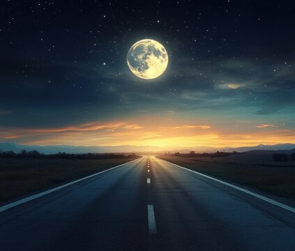 empty straight road at night leading toward a large full moon above a starry sky and glowing horizon over distant mountains, evoking calm solitude and wonder