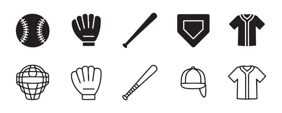 Professional baseball icons collection including catcher mask mitt bat base jersey and cap vector symbols.