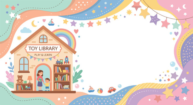 This colorful vector illustration features a toy library house with a mother and child, surrounded by playful toys and whimsical pastel elements.