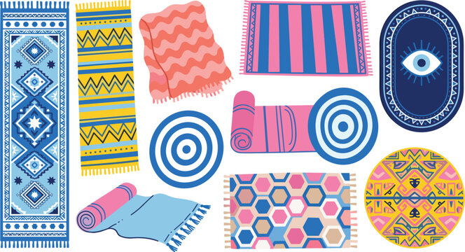 Colorful Patterned Rug and Floor Mat Set Featuring Evil Eye Oval Rug Geometric Runners and Rolled Mats