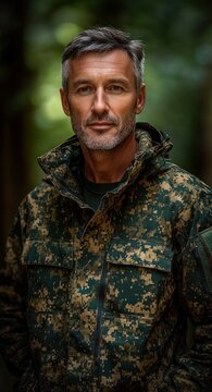 Stoic middle-aged man wearing digital camouflage jacket standing in a green forest with blurred face and short gray hair, natural soft light and focused posture