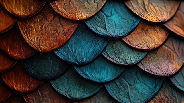 close-up of overlapping iridescent metallic scales in teal and bronze with crinkled texture, shimmering and mysterious