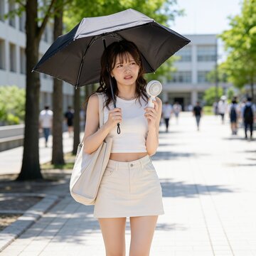 夏の通学路で黒い日傘とハンディファンを使い暑さ対策をする女子大学生