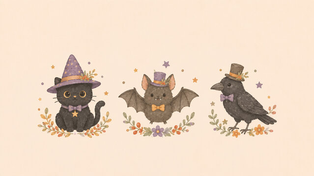 北欧風デザインの3つ並んだハロウィンの黒猫・コウモリ・カラスのイラスト