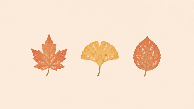 北欧デザインの3つ並んだ紅葉した葉っぱのイラスト