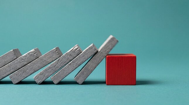 Red cube stops falling dominoes, concept of stability, preventing disaster