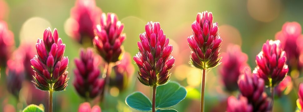 pink clover spikes glowing in warm golden backlight with green leaves and soft bokeh, serene uplifting spring meadow close-up