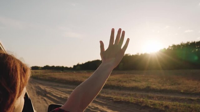 Woman girl hand in the window, girl Playful adventure, reaching for dreams, sunset glow, rural roads, nature in full bloom, laughing together, pure bliss, moment of escape, endless adventure
