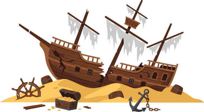Sunken Pirate Shipwreck Vector Illustration with Broken Wooden Hull tattered Sails Anchor Treasure Chest and Gold Coins on Sand