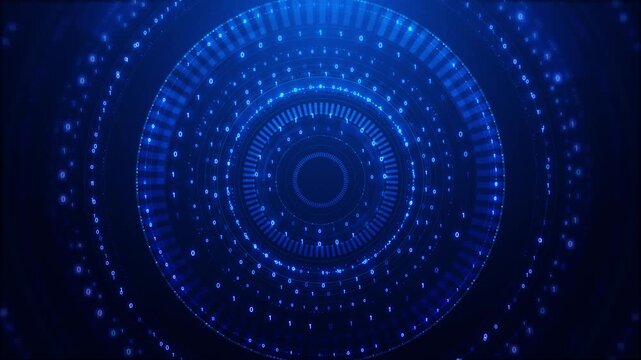Digital binary ring interface visual with blue glowing numbers, circular tunnel depth, and dark technology layers. Perfect for cyber videos, software titles, AI screens, and overlays.