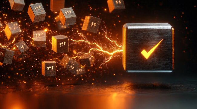 large metallic cube with glowing orange check mark connected by electric sparks to floating smaller textured cubes marked with question symbols, dramatic energetic futuristic scene