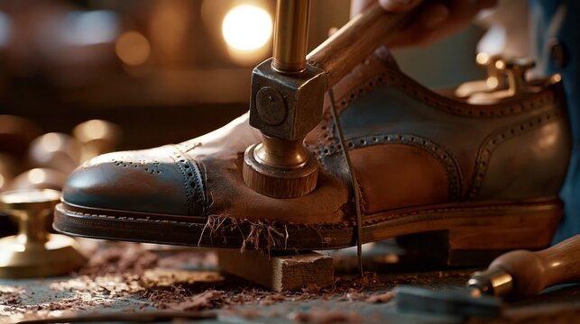 A skilled craftsman meticulously shapes a classic leather shoe with a traditional wooden mallet, showcasing artisanal expertise and dedication.