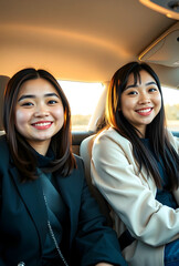 Fototapeta premium Two smiling young asian women riding in a car, happy friends traveling together, road trip and journey
