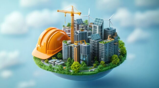 miniature sustainable city on a floating circular island with skyscrapers, rooftop gardens, solar panels, wind turbines, a construction crane and a large orange hard hat, hopeful futuristic vibe