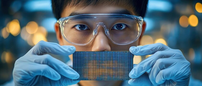 young researcher wearing safety goggles and blue gloves holding a microchip up to their eyes in a lab, focused and curious